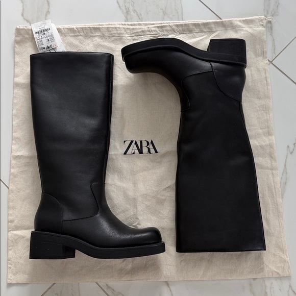 NWT ZARA REAL LEATHER Moto Boots Rounded Square Toe Water Repellent Size 8/38 - Picture 3 of 14